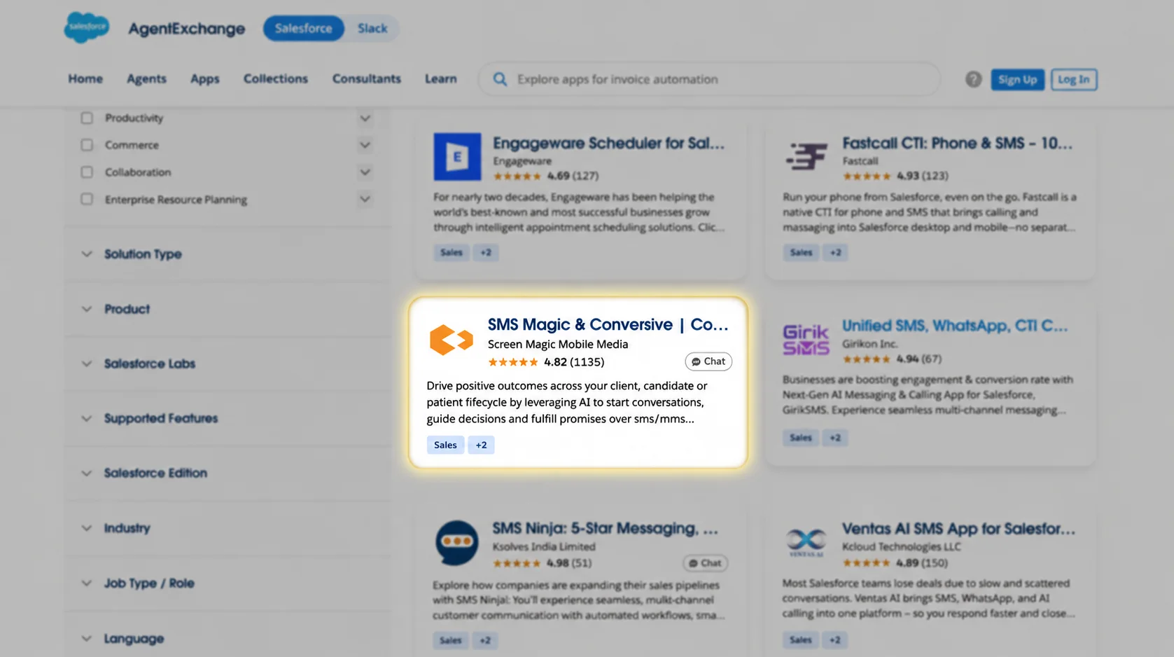 The SMS-Magic & Conversive listing on the Salesforce AppExchange, highlighted among competing messaging apps in the search results