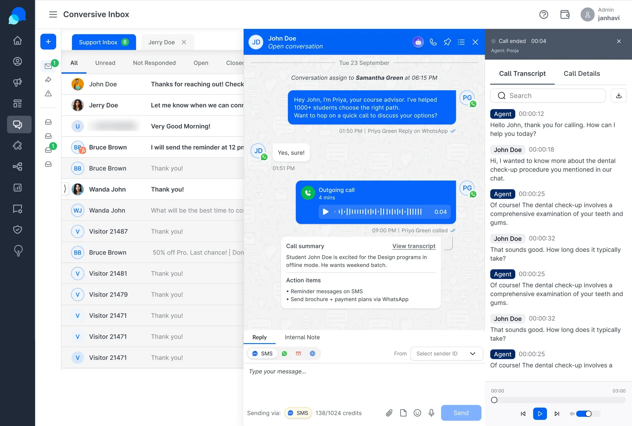 The Conversive agent inbox with a completed voice call: the call recording in the conversation thread, an auto-generated call summary with action items, and a timestamped live transcript panel alongside it